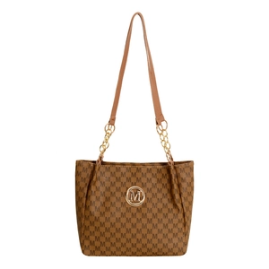 Braune Tragetasche mit Monogramm, Kettenriemen und goldenem Logo für Damenmode
