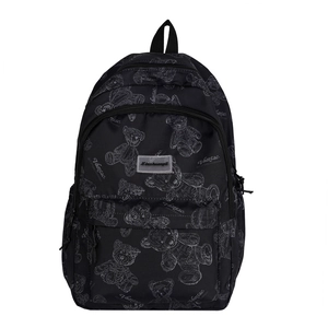 Sac à dos décontracté noir avec motifs d'ours blancs et grand volume pour étudiants