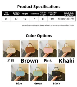Detailed size chart for the mini chain box bag with specific dimensions and PU material info
