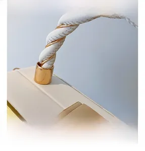 Detailed macro view of cream handbag with gold hardware and woven leather handle