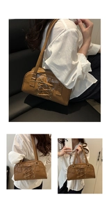 Detailed views of brown leather shoulder bag with cross-lace design and twin handles