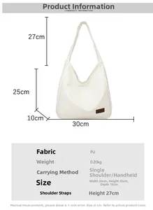 Detailed size guide for white PU tote bag with 30x25x10cm dimensions and 27cm strap