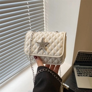 Borsa Tracolla Trapuntata Donna Mini Quadrata Pelle PU Elegante Tracolla Catena Metallo Decorazione Stella Strass Chic