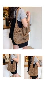 Borsa tote in maglia marrone che mostra la trama a rete cava e dettagli di grande capacità