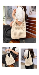 Dettaglio della borsa tote in maglia traforata color crema con motivo all'uncinetto