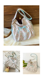 Floral canvas tote bag details featuring blue plaid straps and decorative bows
