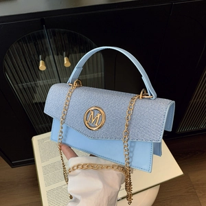 Borsa A Tracolla Da Donna Alla Moda Patchwork In Pelle PU E Tessuto Borsa A Spalla Con Catena Dorata Logo M In Metallo Stile Vintage