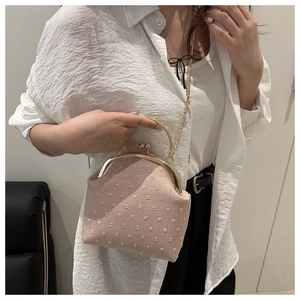 Détail du sac bandoulière rose clair avec fermoir à clip et poignée dorée