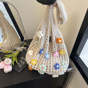 Handmade Crochet Woven Tote Bag Hollow Out Mesh 3D Colorful Flower Large Capacity Shoulder Bag Summer Beach Vacation Women