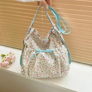 Sac Bandoulière En Toile Fleurie Avec Noeud À Carreaux Style Pastoral Sac À Main Seau Pour Femmes Décontracté