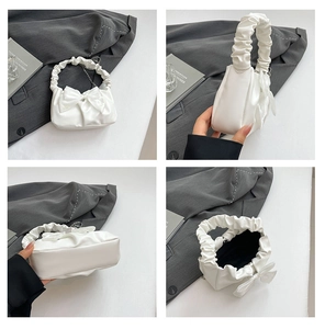 Four views of white bow handbag showing pleats, ribbon detail and metal chain strap