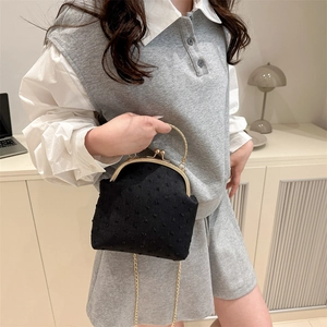 Retro black textured shell bag with gold metal frame and chain strap shown on model