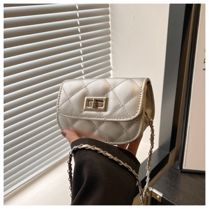 Detail of silver quilted mini chain bag with metallic strap and twist lock closure