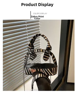 Close-up of zebra print leather texture and transparent PVC on retro shell chain bag