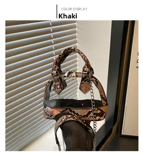 Detail of khaki snake-pattern leather and transparent PVC jelly shell bag with chain strap