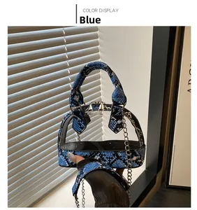 Close-up of blue snakeskin pattern detail and transparent PVC material on handbag