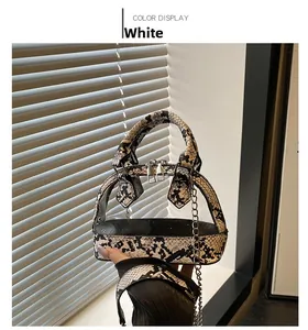 Macro detail of snakeskin pattern and transparent PVC panel on shell bag with metal chain