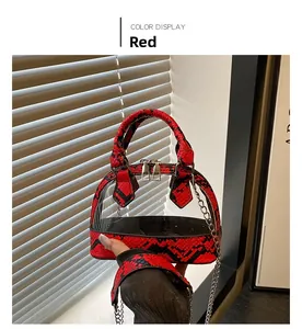 Close-up of red snake print texture and transparent PVC shell bag with metal chain