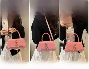 Pink crossbody bag with gold S-buckle shown in handbag, shoulder, and crossbody styles