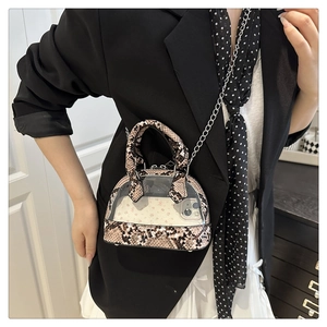 Macro detail of snake print trim and transparent panel on a chic chain handbag
