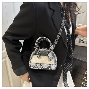 Detailed view of clear shell bag with snakeskin trim and internal phone storage capacity