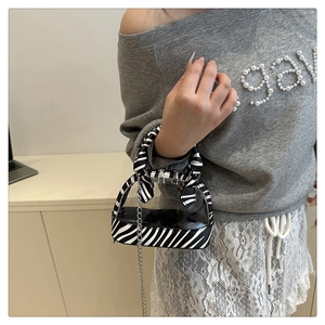 Detail of transparent PVC shell bag with zebra print trim and elegant chain strap