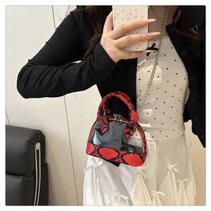 Detail of a transparent PVC shell bag with red and black snakeskin trim and chain strap
