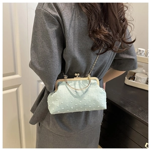 Model wearing a light blue kiss-lock chain bag with dotted texture and gold hardware