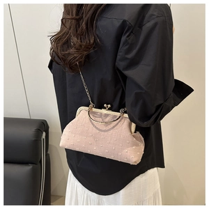 Close-up of shell-shaped frame bag with gold chain and polka dot texture fabric