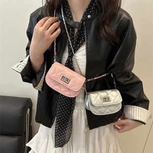 Mini quilted leather saddle bag with gold chain strap in pink and silver options