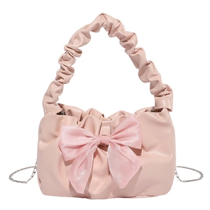 Pink pleated clouds handbag with mesh bow and silver chain strap for women