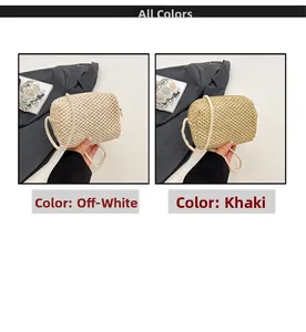 Detailed comparison of beige and khaki hand-woven mini straw bags with metal zippers