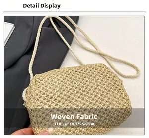 Detailed close-up showing the intricate woven fabric and hollow texture of this summer straw bag