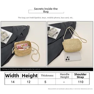 Size chart and interior capacity view of this mini handmade woven straw crossbody bag