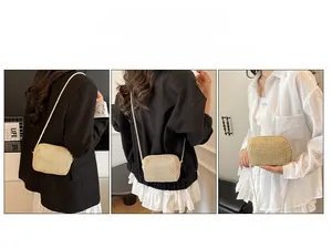 Multiple views showing the crossbody wear and compact size of this handmade straw bag