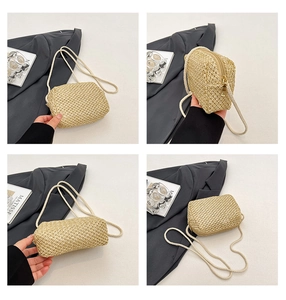 Detailed four-angle view of handmade woven mini crossbody bag with metal zipper and strap