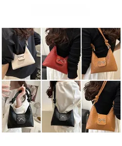 Detailed views of multi-color woven shoulder bags with knot straps and bow buckles