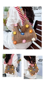 Macro view of handmade brown knit tote bag with 3D floral accents and woven texture