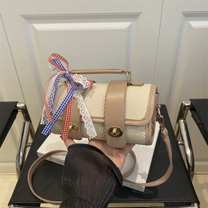 Sac Bandoulière Tissé Cylindrique En Cuir PU Sac À Main Avec Nœud En Dentelle Et Plaid Et Fermoirs Métalliques Pour Femmes