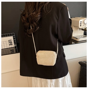 Detailed grid-textured woven mini square bag shown on a model in a minimalist room