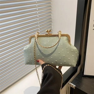 Vintage Embroidered Polka Dot Shell Crossbody Bag For Women Metal Frame Handle Chain Evening Handbag Party Banquet Bag