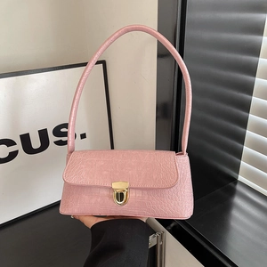 Women Crocodile Pattern Underarm Bag PU Leather Baguette Handbag With Gold Metal Buckle Shoulder Bag For Daily Party Retro Style