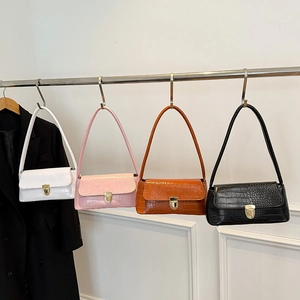 Minimalist crocodile pattern baguette shoulder bags in white, pink, orange, and black