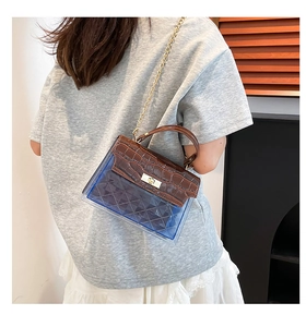 Detail of blue quilted transparent body and brown croc leather flap with gold metal lock