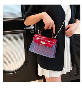 Detail of red croc-texture leather handle and golden lock on a clear PVC handbag