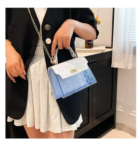 Detail of blue transparent PVC bag with crocodile pattern flap and gold chain strap