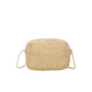 Mini beige straw crossbody bag with grid weave and cotton rope strap for summer