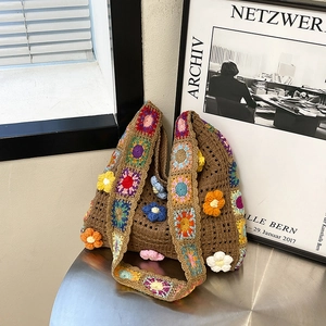 Sac Cabas Au Crochet Fait Main Tricot Creux Tissé 3D Floral Grande Capacité Boho Sac À Épaule Pour Femmes Vacances