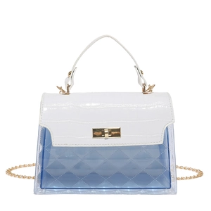 Elegant blue transparent handbag with white crocodile texture flap and gold chain strap