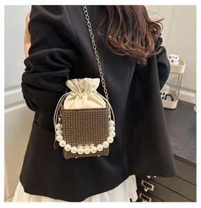 Detail of vintage tote bag with pearl handle, chain strap and classic monogram pattern